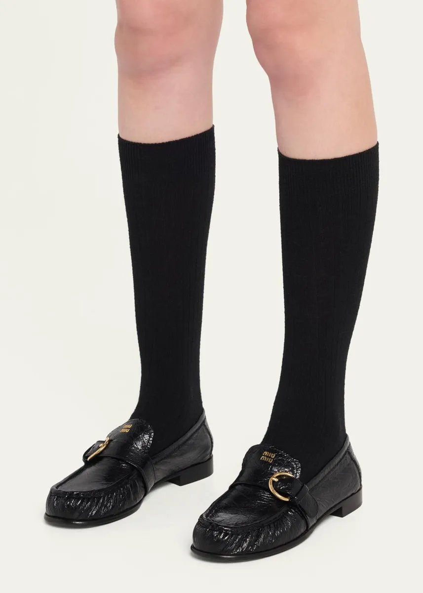 Miu Miu Crinkled Leather Buckled Moccasin Loafers | Thumbnail 2