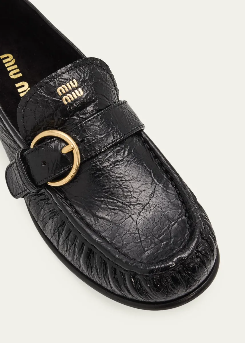 Miu Miu Crinkled Leather Buckled Moccasin Loafers | Thumbnail 5