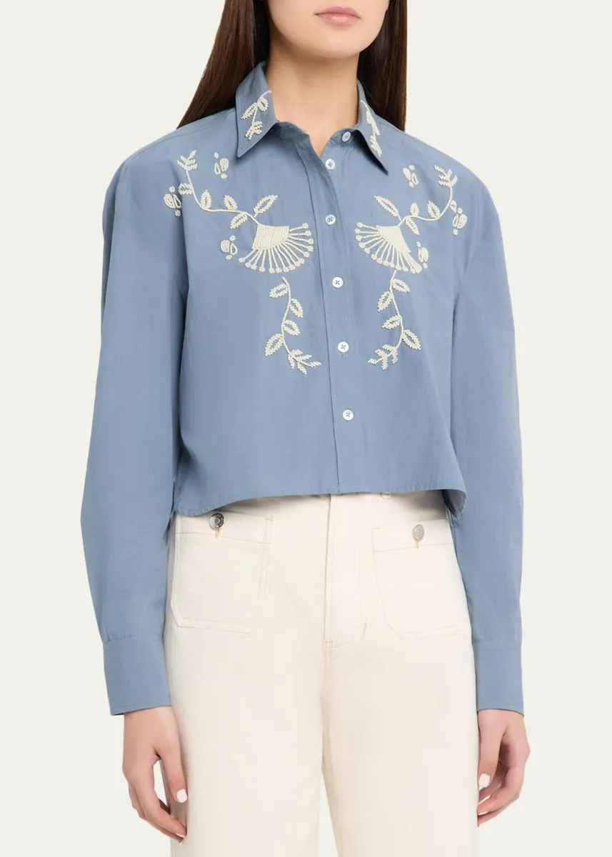 Veronica Beard Aderes Embroidered Cropped Cotton Shirt | Thumbnail 4