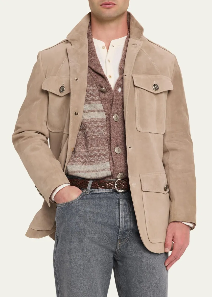 Brunello Cucinelli Men's Suede Four-Pocket Safari Jacket | Thumbnail 4 Brunello Cucinelli Men's Suede Four-Pocket Safari Jacket | Thumbnail 4