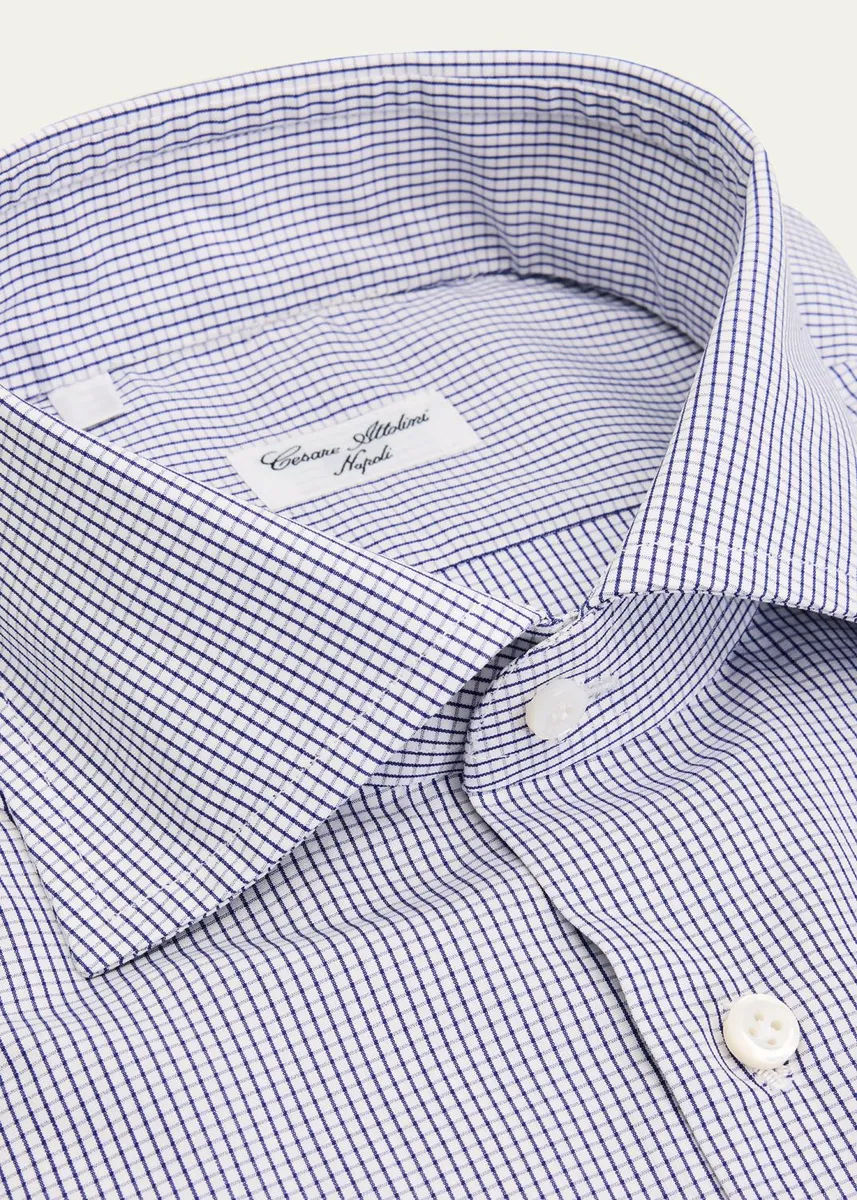 Cesare Attolini Men's Micro-Grid Check Cotton Dress Shirt | Thumbnail 2 Cesare Attolini Men's Micro-Grid Check Cotton Dress Shirt | Thumbnail 2