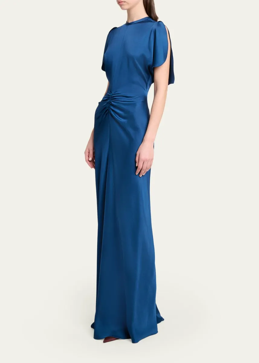 Victoria Beckham Gathered Waist Flutter-Sleeve Satin Gown | Thumbnail 4 Victoria Beckham Gathered Waist Flutter-Sleeve Satin Gown | Thumbnail 4