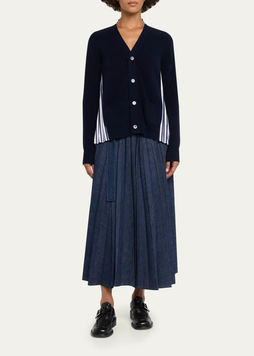 Sacai Wool Knit And Cotton Poplin V-Neck Cardigan | Thumbnail 2