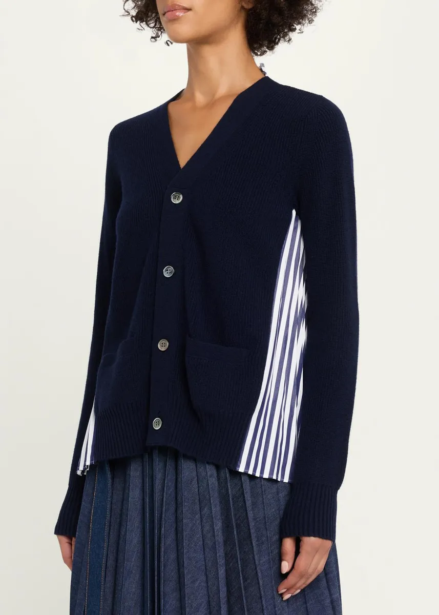 Sacai Wool Knit And Cotton Poplin V-Neck Cardigan | Thumbnail 4