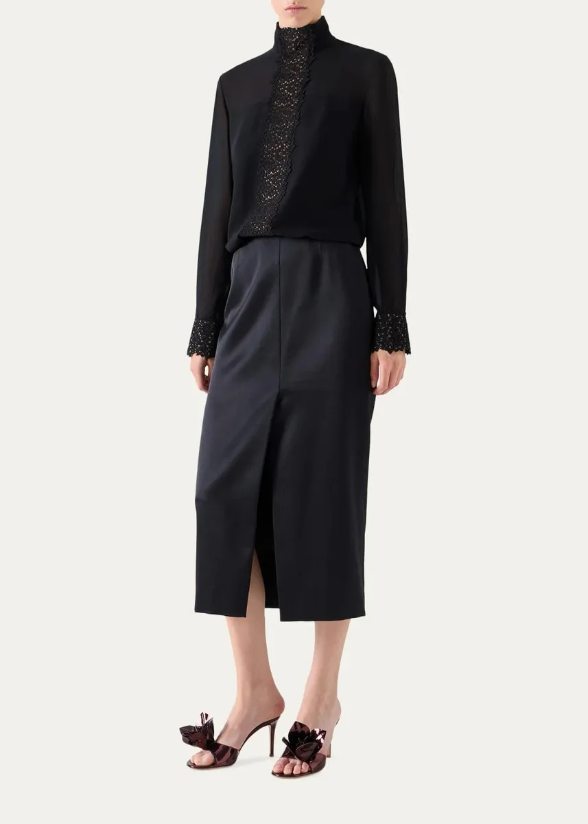 Akris Mock-Neck Lace Inset Long-Sleeve Blouse | Thumbnail 2 Akris Mock-Neck Lace Inset Long-Sleeve Blouse | Thumbnail 2