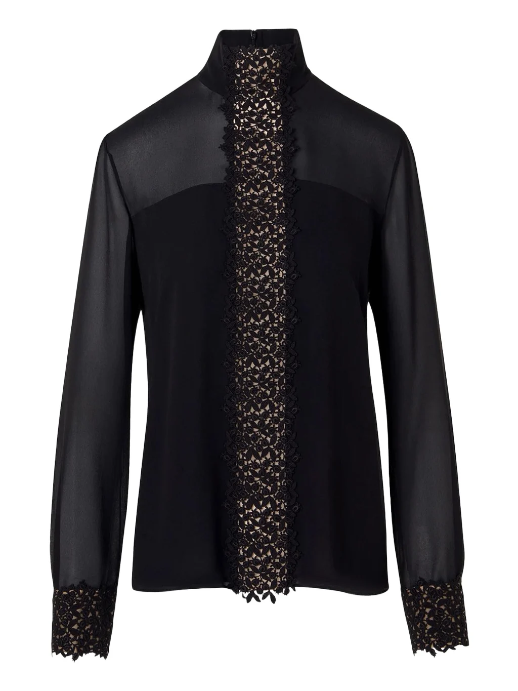Mock-Neck Lace Inset Long-Sleeve Blouse