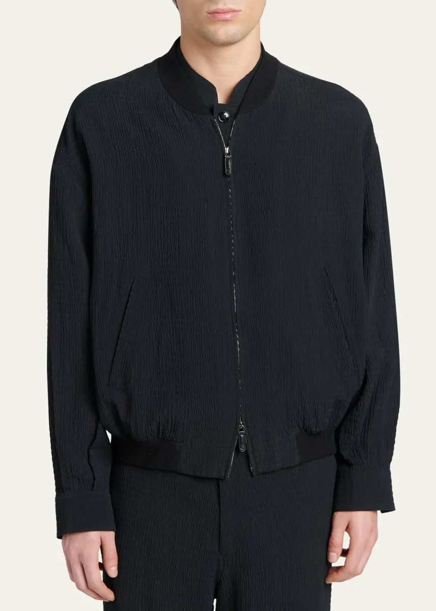 Giorgio Armani Men's Seersucker Full-Zip Bomber Jacket | Thumbnail 4 Giorgio Armani Men's Seersucker Full-Zip Bomber Jacket | Thumbnail 4