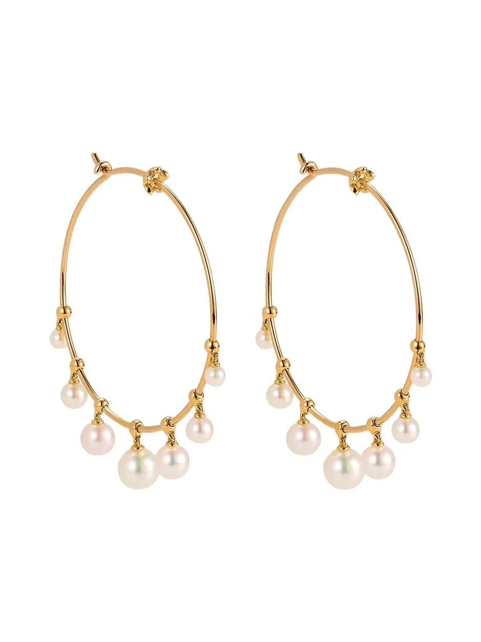 18K Yellow Gold Wind Chime Earrings with Akoya Pearls, 36mm
