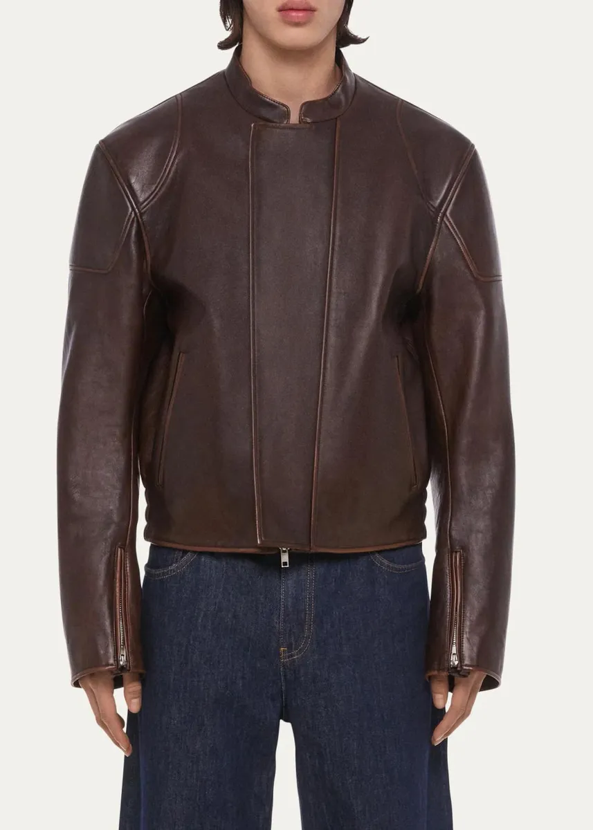 Helmut Lang Men's Leather Concealed-Zip Moto Jacket | Thumbnail 4