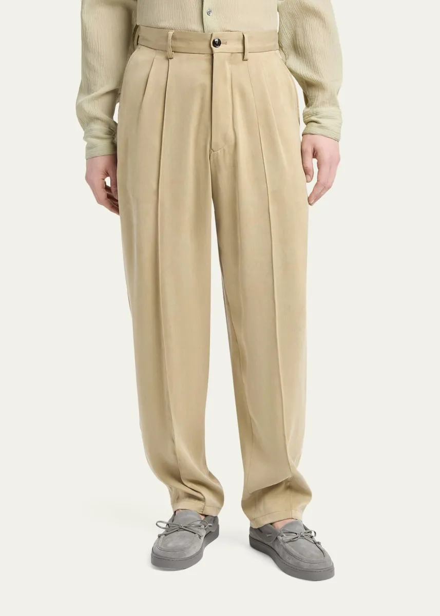 Giorgio Armani Men's Cotton and Lyocell Straight-Leg Pleated Trousers | Thumbnail 4