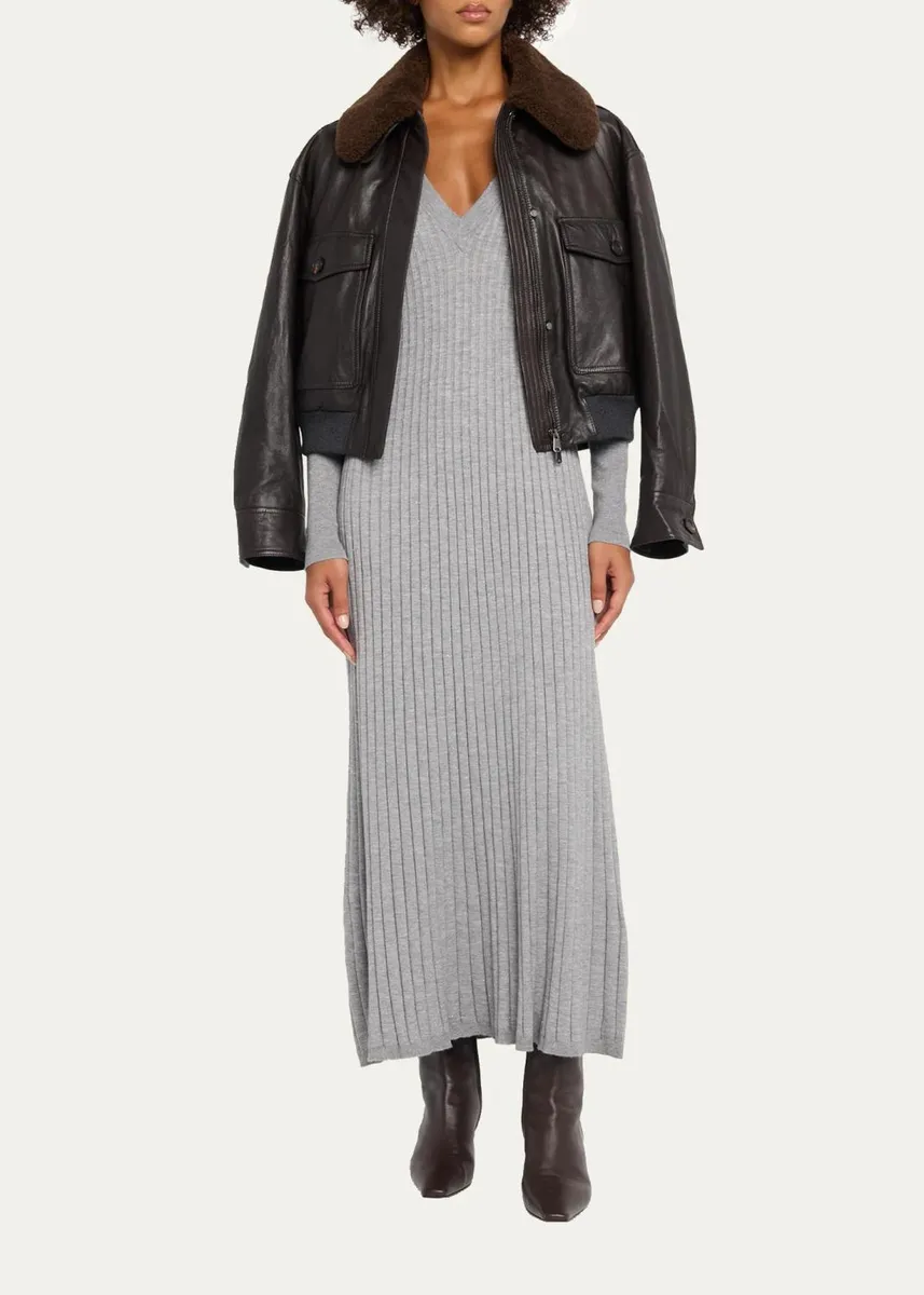 Brunello Cucinelli Waxed Leather Aviator Jacket With Lamb Shearling Collar | Thumbnail 2 Brunello Cucinelli Waxed Leather Aviator Jacket With Lamb Shearling Collar | Thumbnail 2