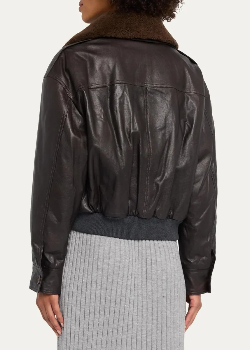 Brunello Cucinelli Waxed Leather Aviator Jacket With Lamb Shearling Collar | Thumbnail 3 Brunello Cucinelli Waxed Leather Aviator Jacket With Lamb Shearling Collar | Thumbnail 3