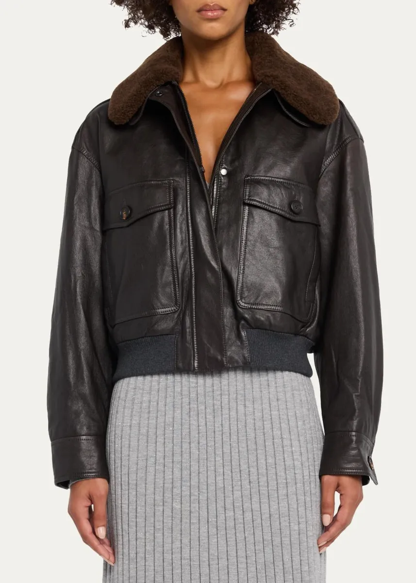 Brunello Cucinelli Waxed Leather Aviator Jacket With Lamb Shearling Collar | Thumbnail 4 Brunello Cucinelli Waxed Leather Aviator Jacket With Lamb Shearling Collar | Thumbnail 4