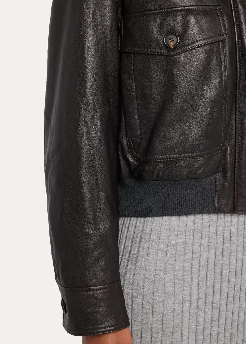 Brunello Cucinelli Waxed Leather Aviator Jacket With Lamb Shearling Collar | Thumbnail 5 Brunello Cucinelli Waxed Leather Aviator Jacket With Lamb Shearling Collar | Thumbnail 5