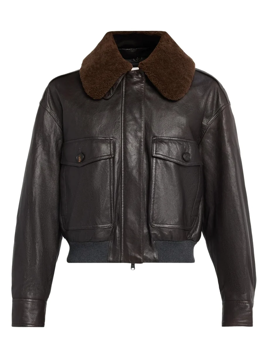 Brunello Cucinelli Waxed Leather Aviator Jacket With Lamb Shearling Collar
