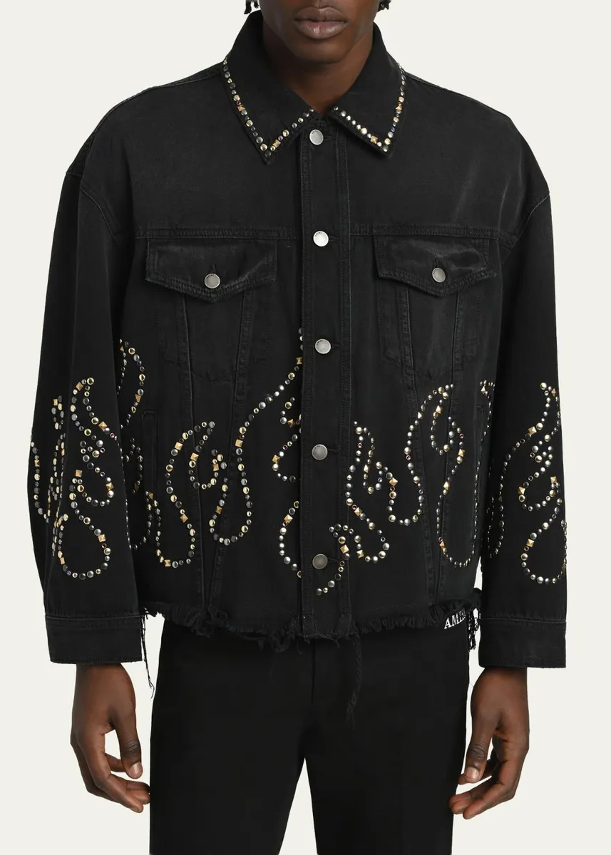 AMIRI Men's Oversized Studded Flame Black Denim Jacket | Thumbnail 4 AMIRI Men's Oversized Studded Flame Black Denim Jacket | Thumbnail 4