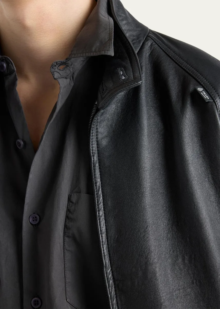Prada Men's Stand Collar Napa Leather Jacket | Thumbnail 4 Prada Men's Stand Collar Napa Leather Jacket | Thumbnail 4