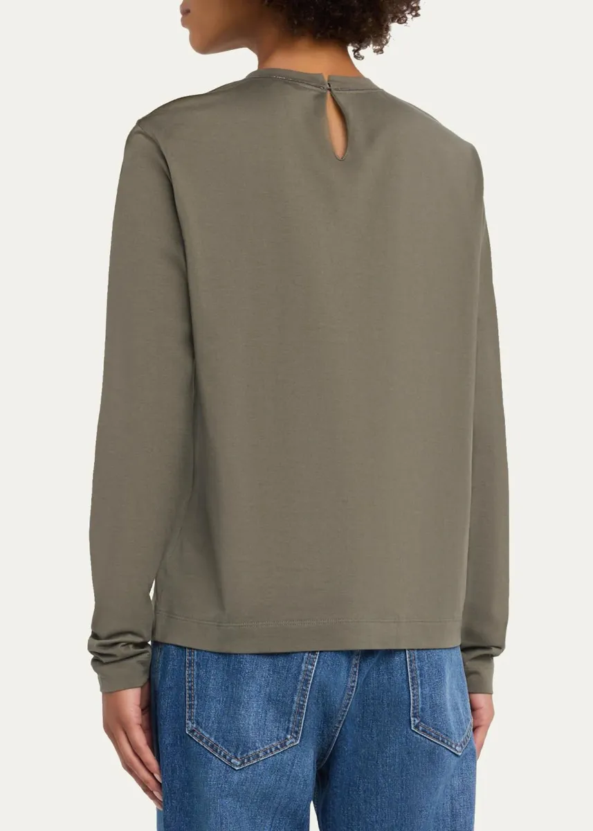 Brunello Cucinelli Long-Sleeve Monili Crewneck Cotton T-Shirt | Thumbnail 3