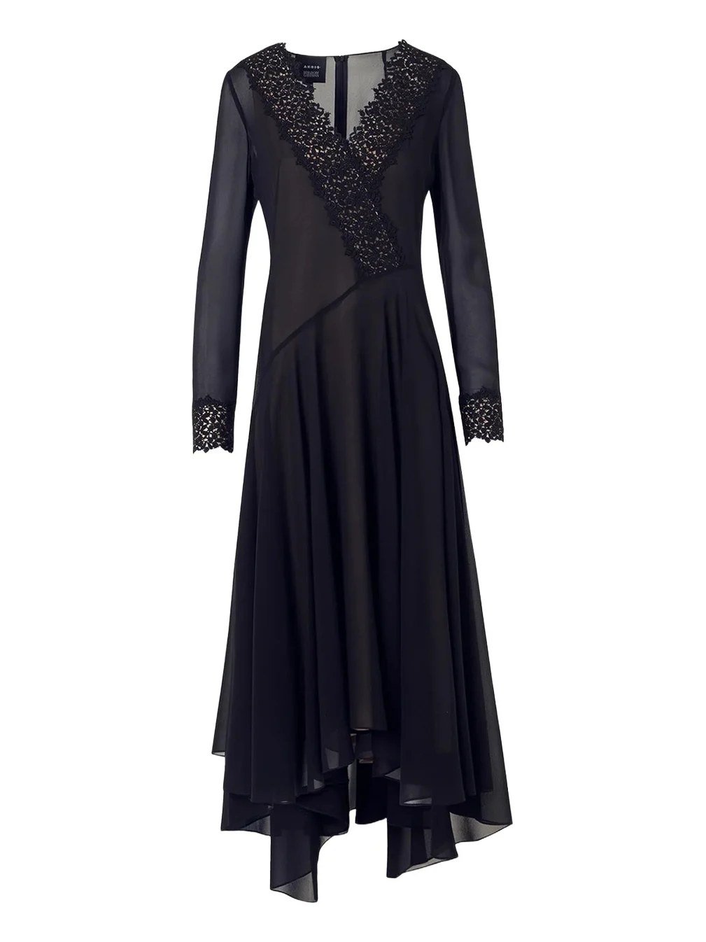 Lace V-Neck Silk Georgette Asymmetric Midi Dress