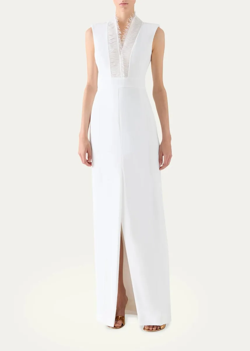 Akris Sleeveless Fringed Organza V-Neck Silk Crêpe Column Gown | Thumbnail 2 Akris Sleeveless Fringed Organza V-Neck Silk Crêpe Column Gown | Thumbnail 2