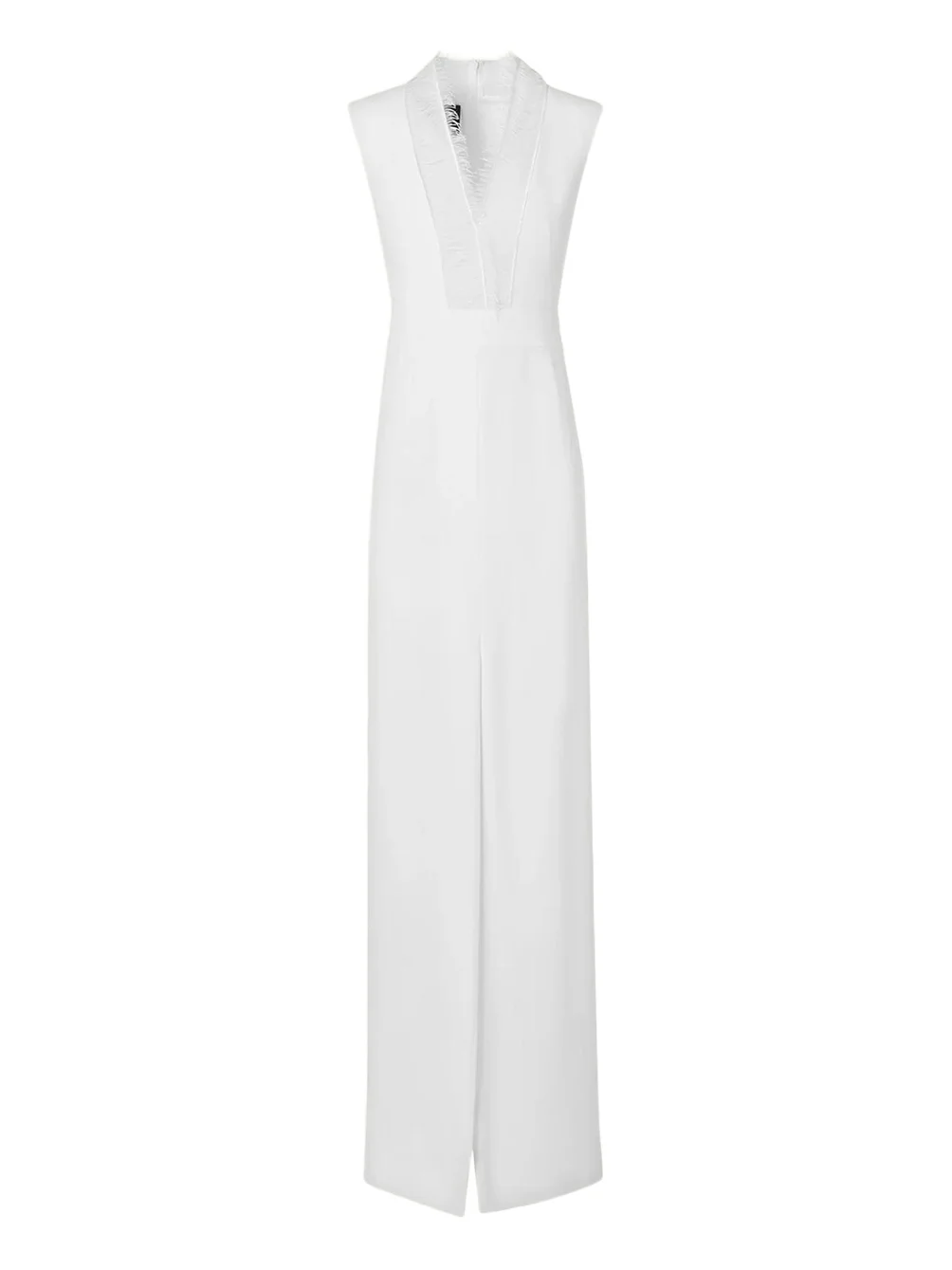 Sleeveless Fringed Organza V-Neck Silk Crêpe Column Gown Sleeveless Fringed Organza V-Neck Silk Crêpe Column Gown