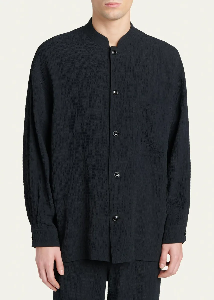 Giorgio Armani Men's Seersucker Band-Collar Guru Shirt | Thumbnail 4