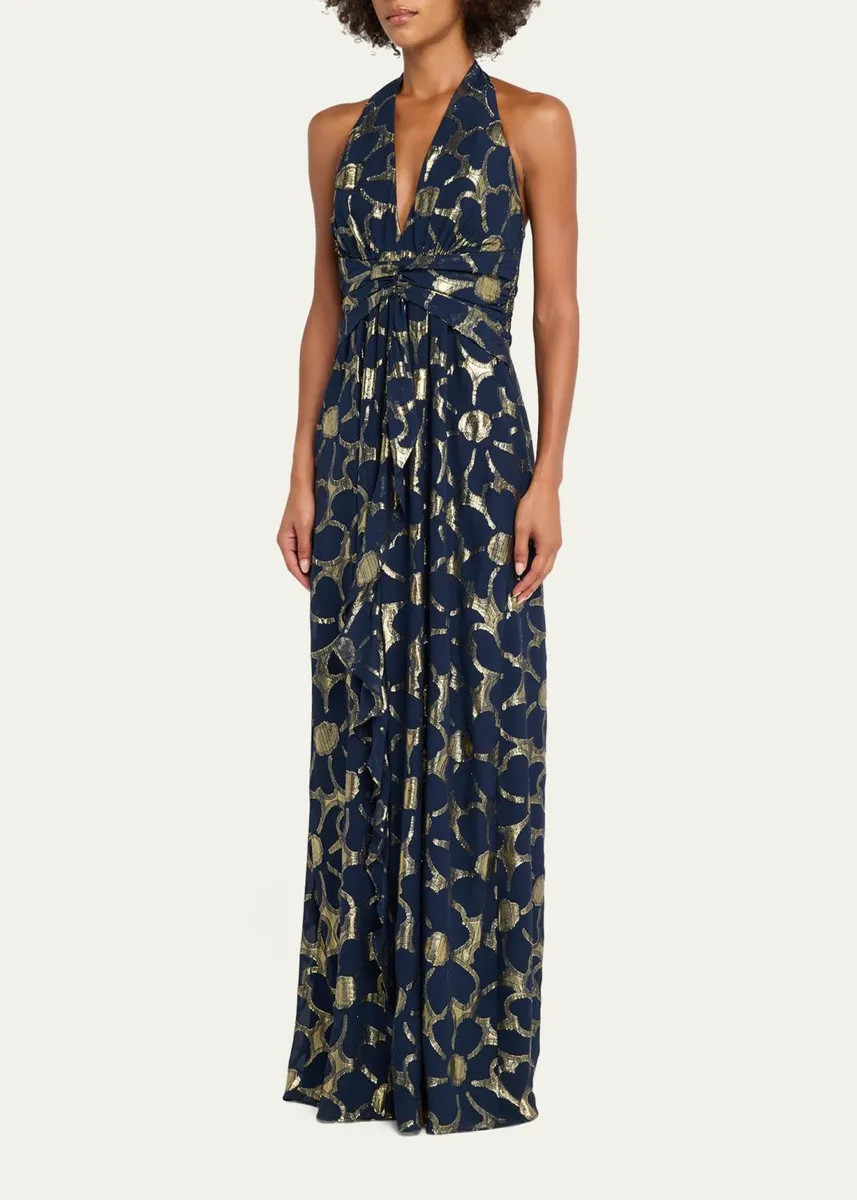 Ramy Brook Stephanie Metallic Floral Halter Maxi Dress | Thumbnail 4