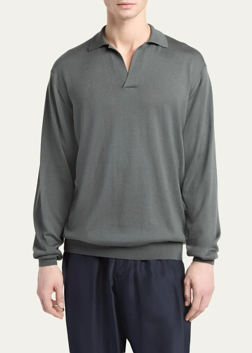 Giorgio Armani Men's Silk and Cotton Johnny Collar Polo Sweater | Thumbnail 4 Giorgio Armani Men's Silk and Cotton Johnny Collar Polo Sweater | Thumbnail 4