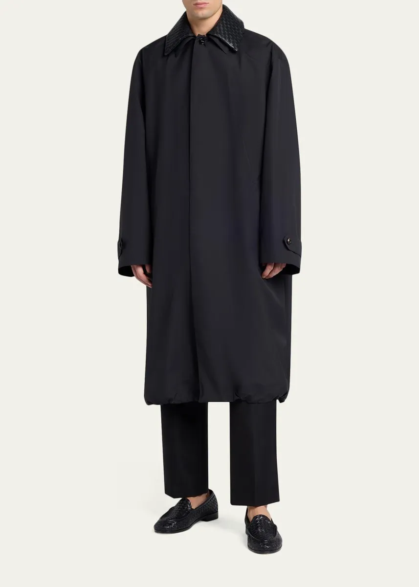Bottega Veneta Men's Leather Intrecciato-Collar Overcoat | Thumbnail 2