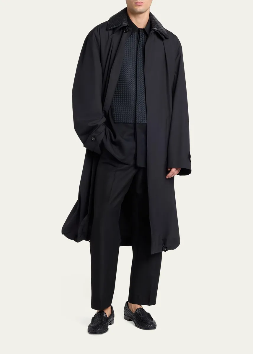 Bottega Veneta Men's Leather Intrecciato-Collar Overcoat | Thumbnail 4