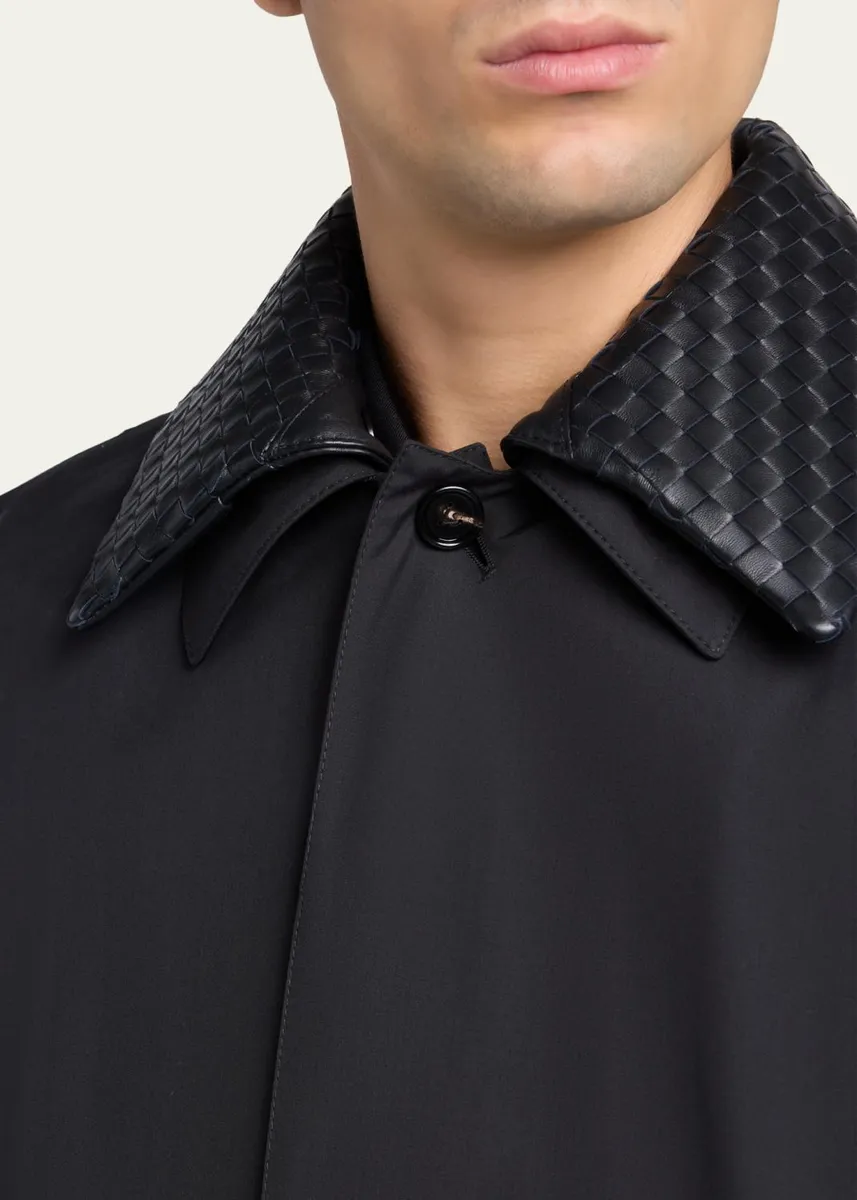 Bottega Veneta Men's Leather Intrecciato-Collar Overcoat | Thumbnail 5