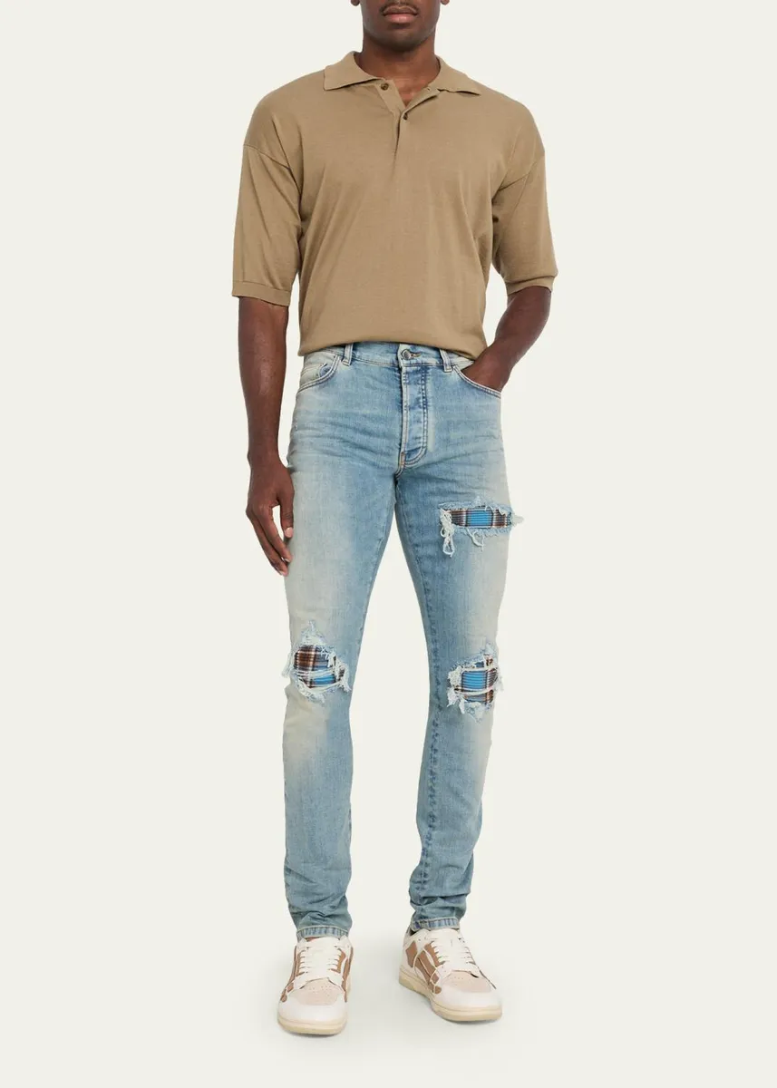 AMIRI Men's Plaid Repair Denim Skinny Jeans | Thumbnail 2 AMIRI Men's Plaid Repair Denim Skinny Jeans | Thumbnail 2