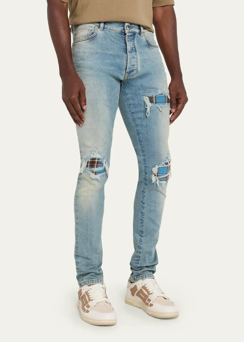 AMIRI Men's Plaid Repair Denim Skinny Jeans | Thumbnail 4 AMIRI Men's Plaid Repair Denim Skinny Jeans | Thumbnail 4