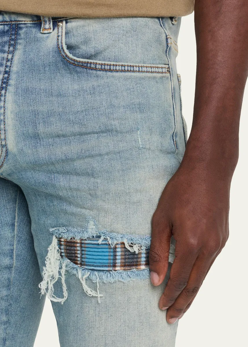 AMIRI Men's Plaid Repair Denim Skinny Jeans | Thumbnail 5 AMIRI Men's Plaid Repair Denim Skinny Jeans | Thumbnail 5