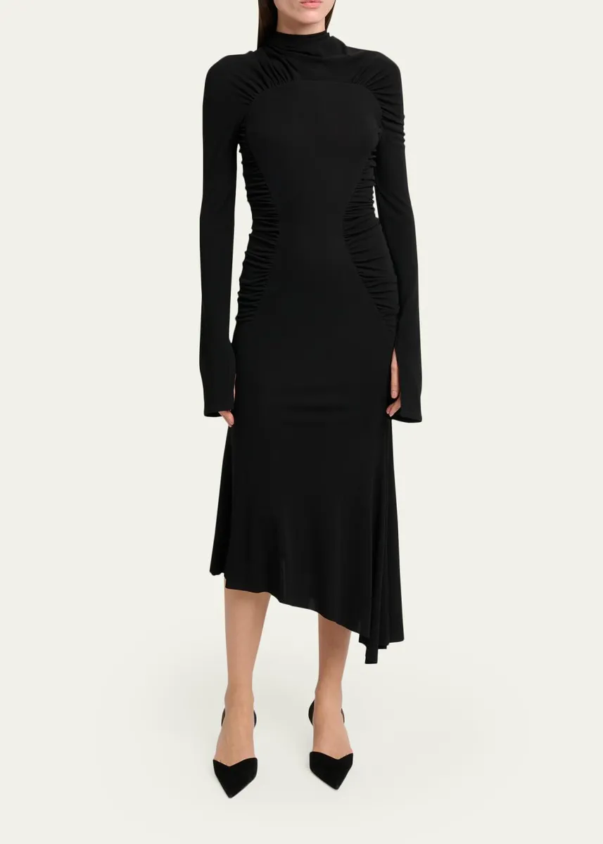 Victoria Beckham High-Neck Contour-Ruched Midi Dress | Thumbnail 2