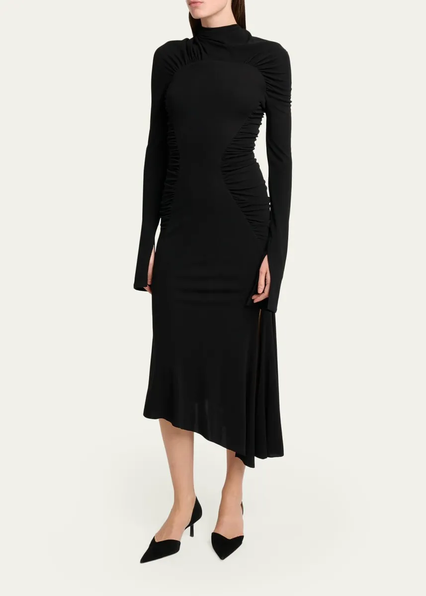 Victoria Beckham High-Neck Contour-Ruched Midi Dress | Thumbnail 4