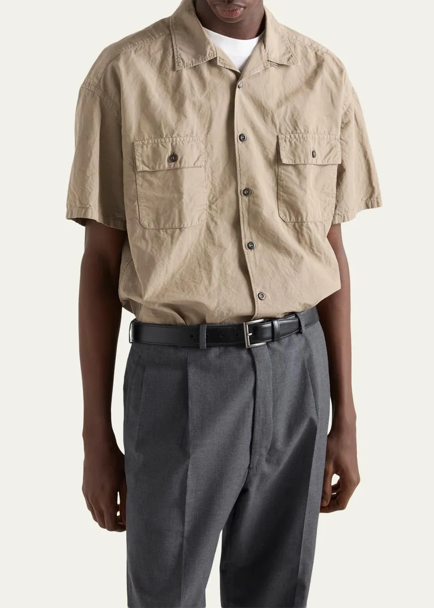 Prada Men's Cotton and Linen Short-Sleeve Shirt | Thumbnail 4 Prada Men's Cotton and Linen Short-Sleeve Shirt | Thumbnail 4