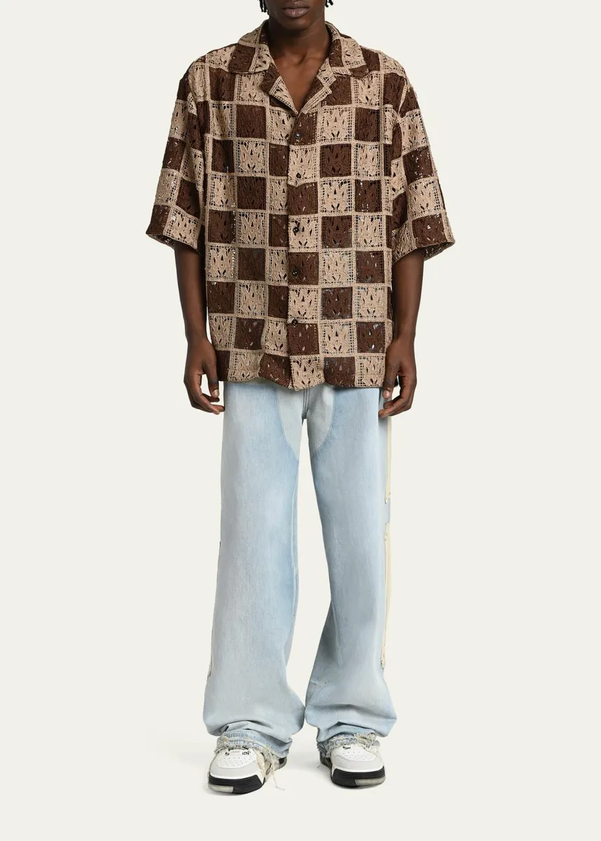 AMIRI Men's Crochet MA-Knit Checkerboard Short-Sleeve Shirt | Thumbnail 2 AMIRI Men's Crochet MA-Knit Checkerboard Short-Sleeve Shirt | Thumbnail 2