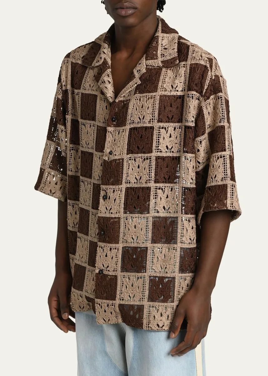 AMIRI Men's Crochet MA-Knit Checkerboard Short-Sleeve Shirt | Thumbnail 4 AMIRI Men's Crochet MA-Knit Checkerboard Short-Sleeve Shirt | Thumbnail 4
