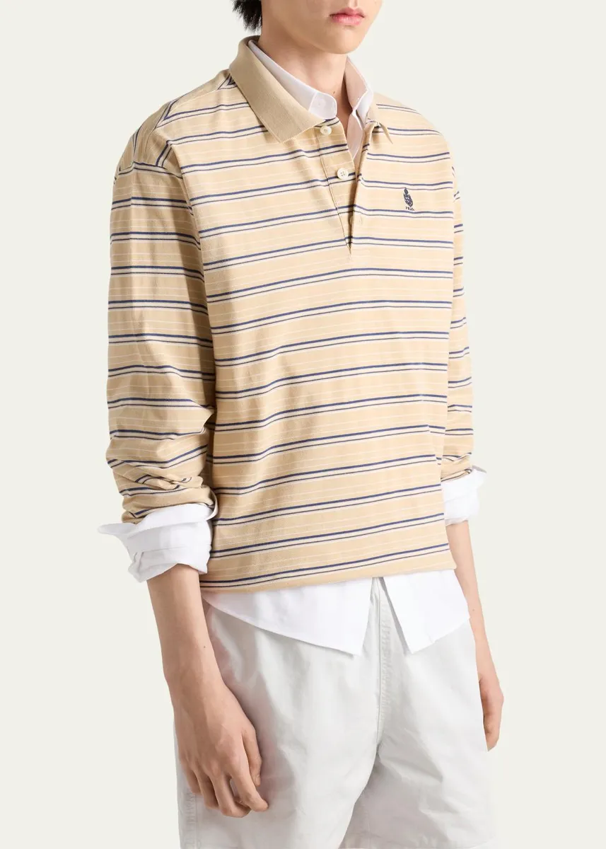 Prada Men's Piquet Stripe Long-Sleeve Polo Shirt | Thumbnail 4 Prada Men's Piquet Stripe Long-Sleeve Polo Shirt | Thumbnail 4