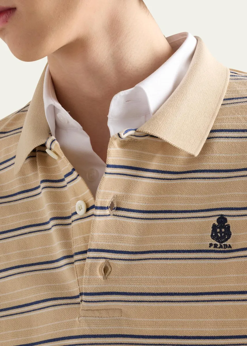 Prada Men's Piquet Stripe Long-Sleeve Polo Shirt | Thumbnail 5 Prada Men's Piquet Stripe Long-Sleeve Polo Shirt | Thumbnail 5