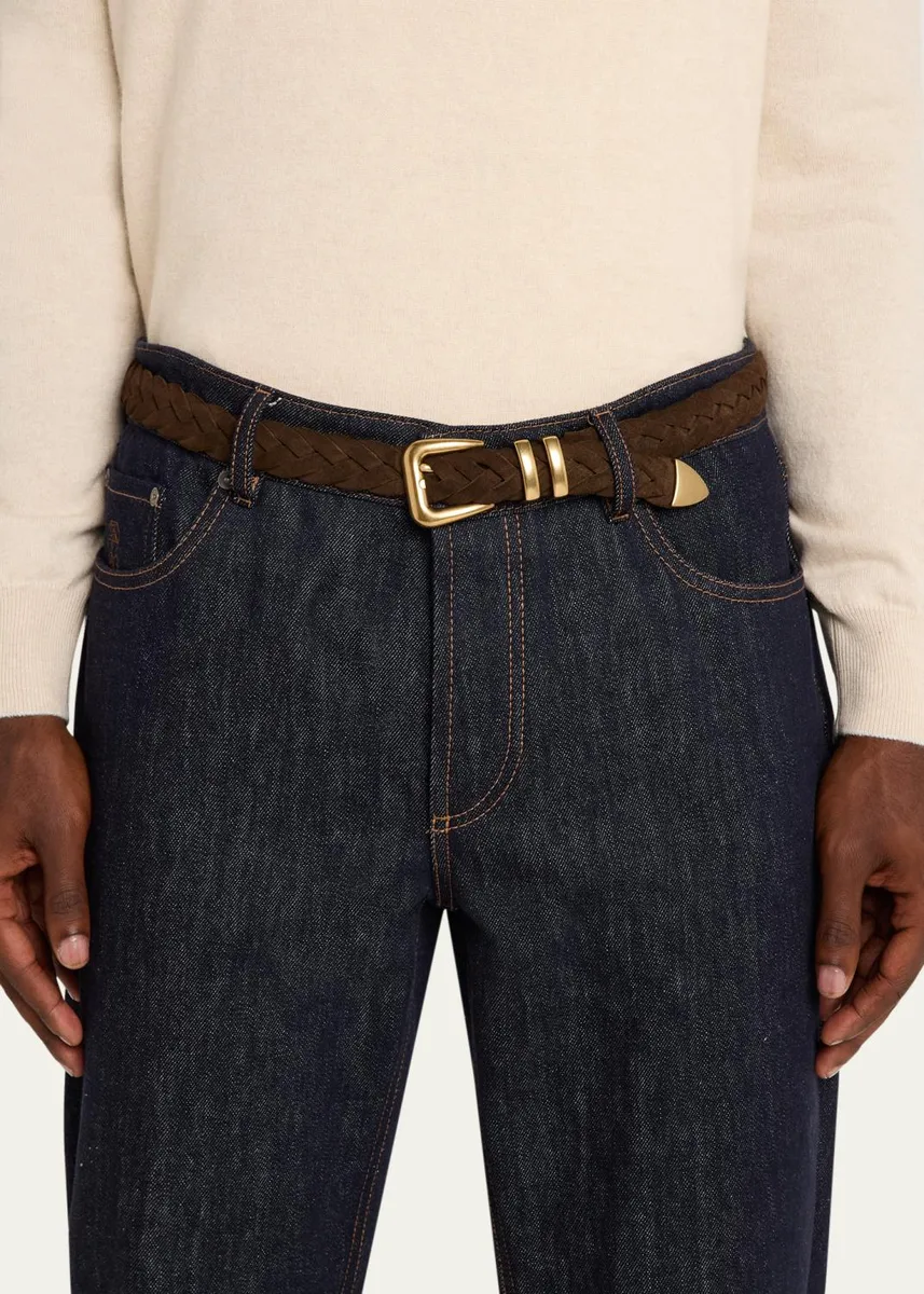 Brunello Cucinelli Men's Braided Suede Gold-Tone Trim Belt | Thumbnail 2 Brunello Cucinelli Men's Braided Suede Gold-Tone Trim Belt | Thumbnail 2