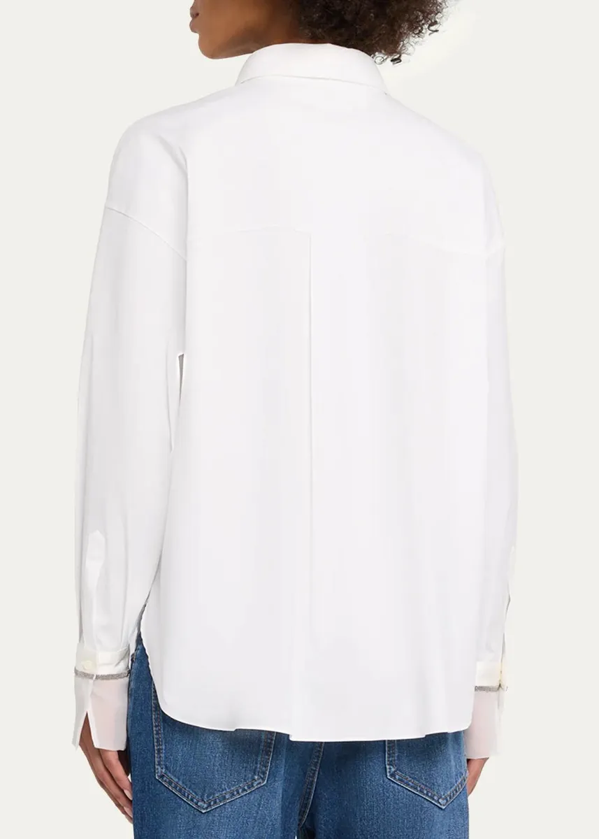 Brunello Cucinelli Monili Sheer-Cuff Cotton Button-Down Shirt | Thumbnail 3