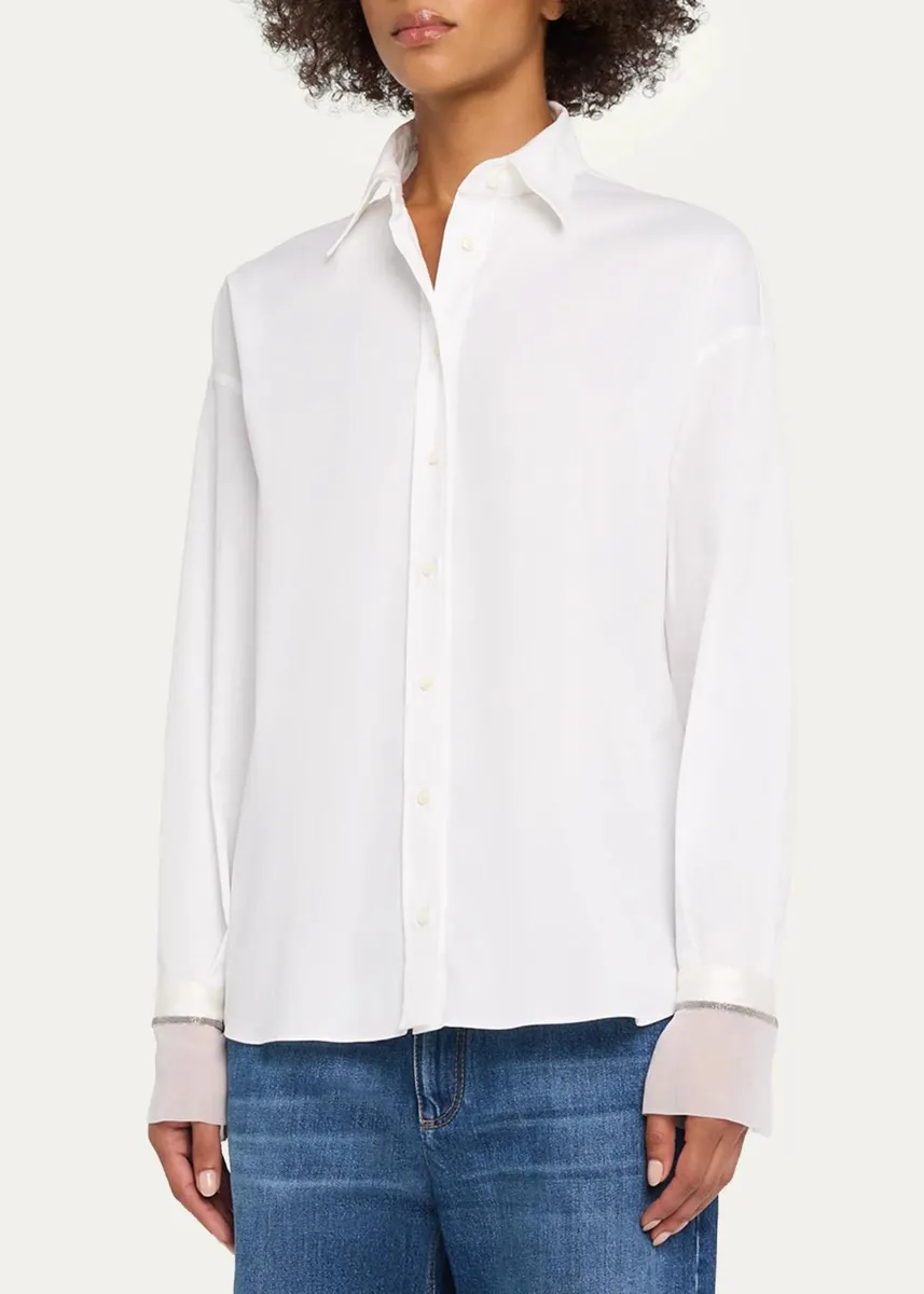 Brunello Cucinelli Monili Sheer-Cuff Cotton Button-Down Shirt | Thumbnail 4