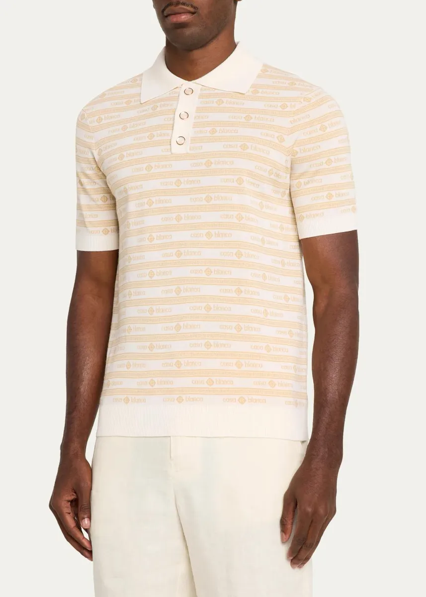 Casablanca Men's Wool Monogram Stripe Knit Polo Shirt | Thumbnail 4 Casablanca Men's Wool Monogram Stripe Knit Polo Shirt | Thumbnail 4