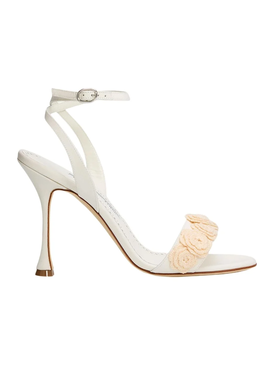 Manolo Blahnik 105mm Raosnu Crochet Flower Ankle-Strap Sandals