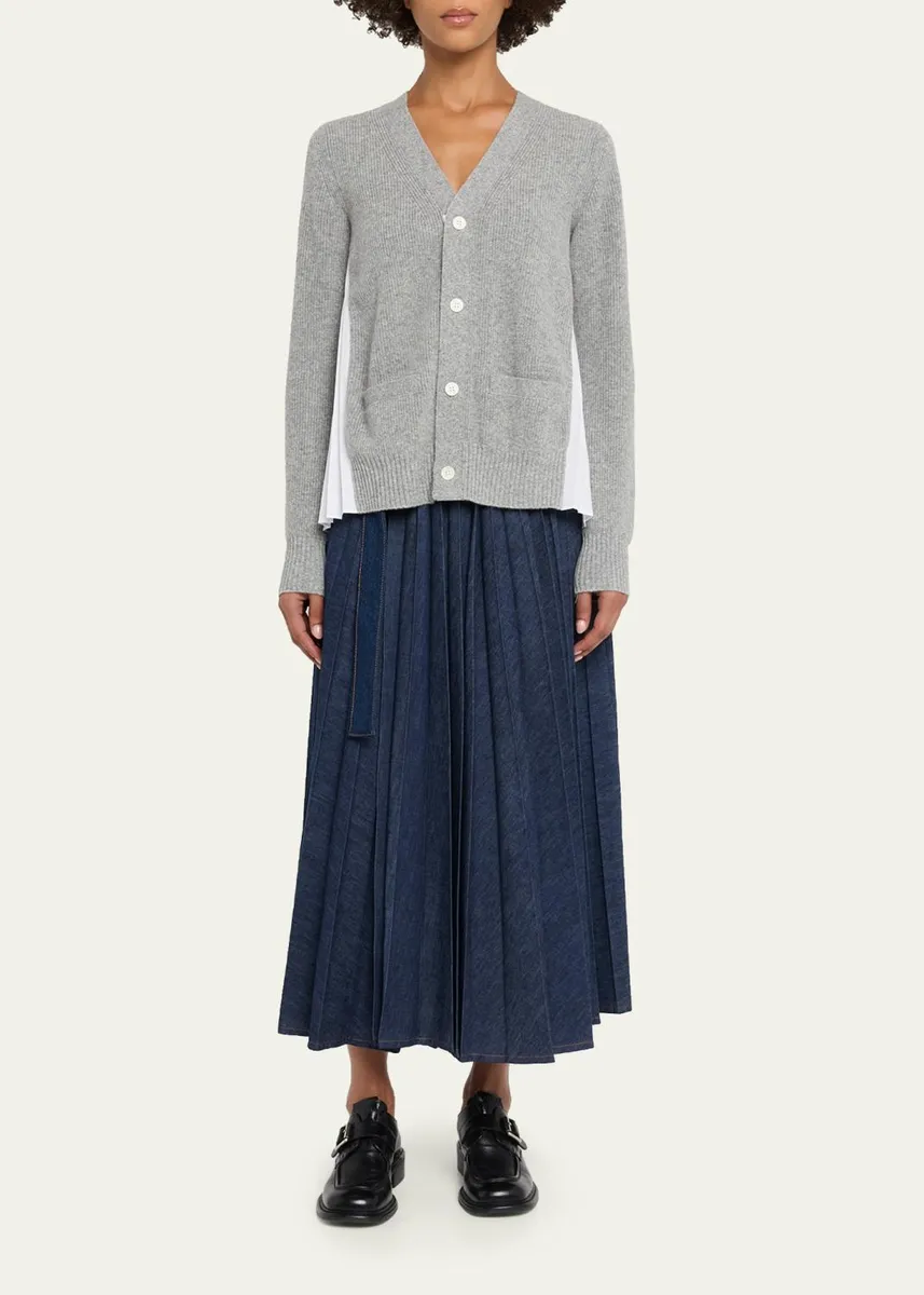 Sacai Wool Knit And Cotton Poplin V-Neck Cardigan | Thumbnail 2