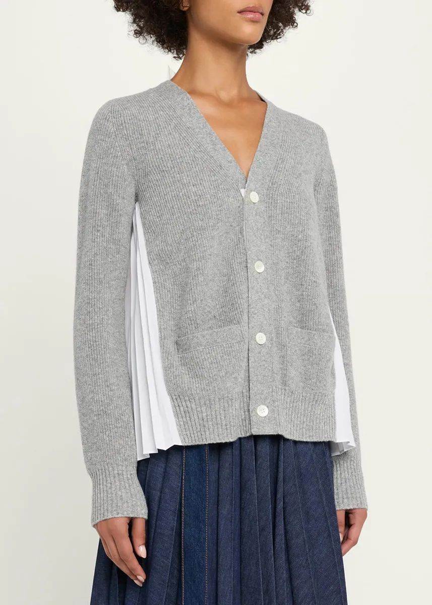 Sacai Wool Knit And Cotton Poplin V-Neck Cardigan | Thumbnail 4