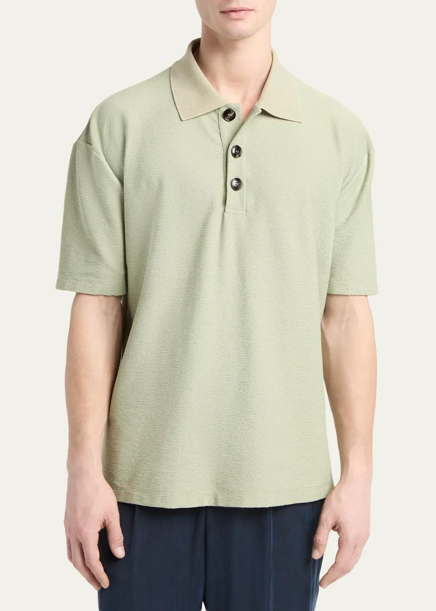 Giorgio Armani Men's Seersucker Relaxed-Fit Polo Shirt | Thumbnail 4 Giorgio Armani Men's Seersucker Relaxed-Fit Polo Shirt | Thumbnail 4