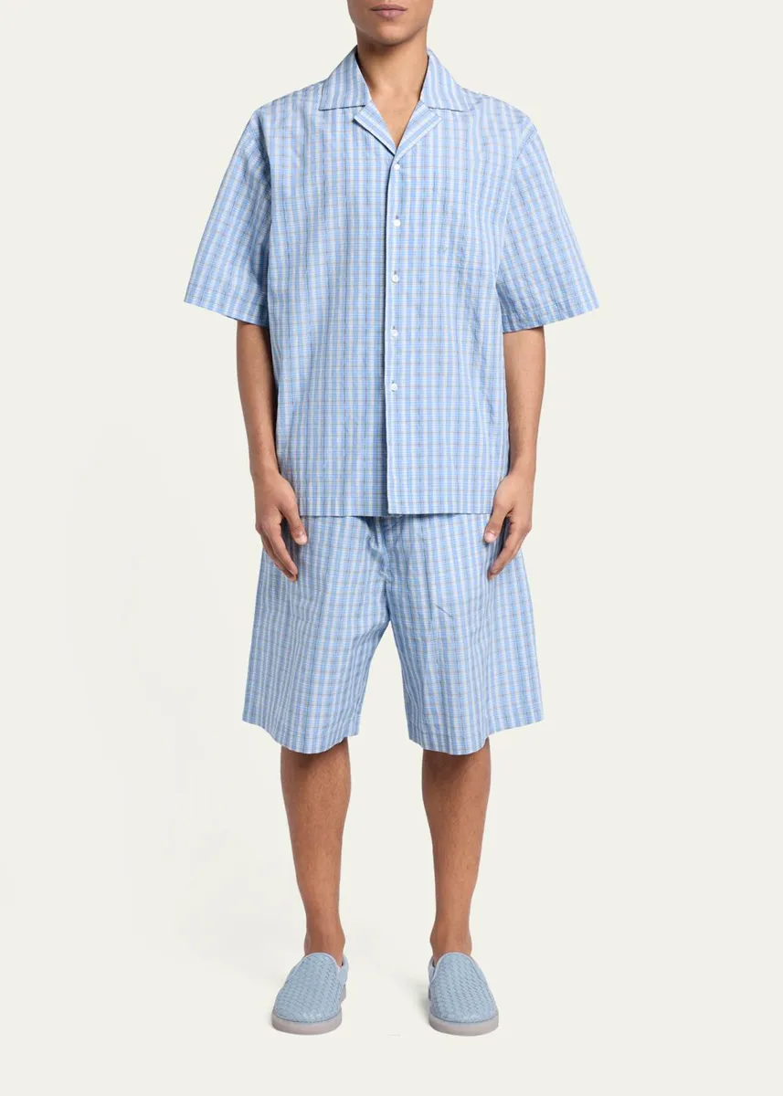 Bottega Veneta Men's Cotton and Silk Textured Plaid Short-Sleeve Shirt | Thumbnail 2